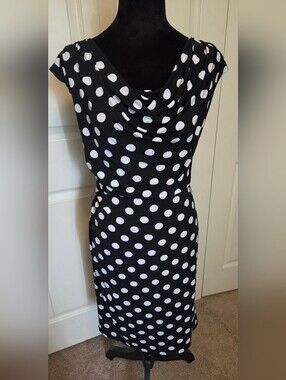 Ronni Nicole Classic BLACK & WHITE POLKA DOT DRESS Cowel NECK ROUSCHED SIDE SZ6